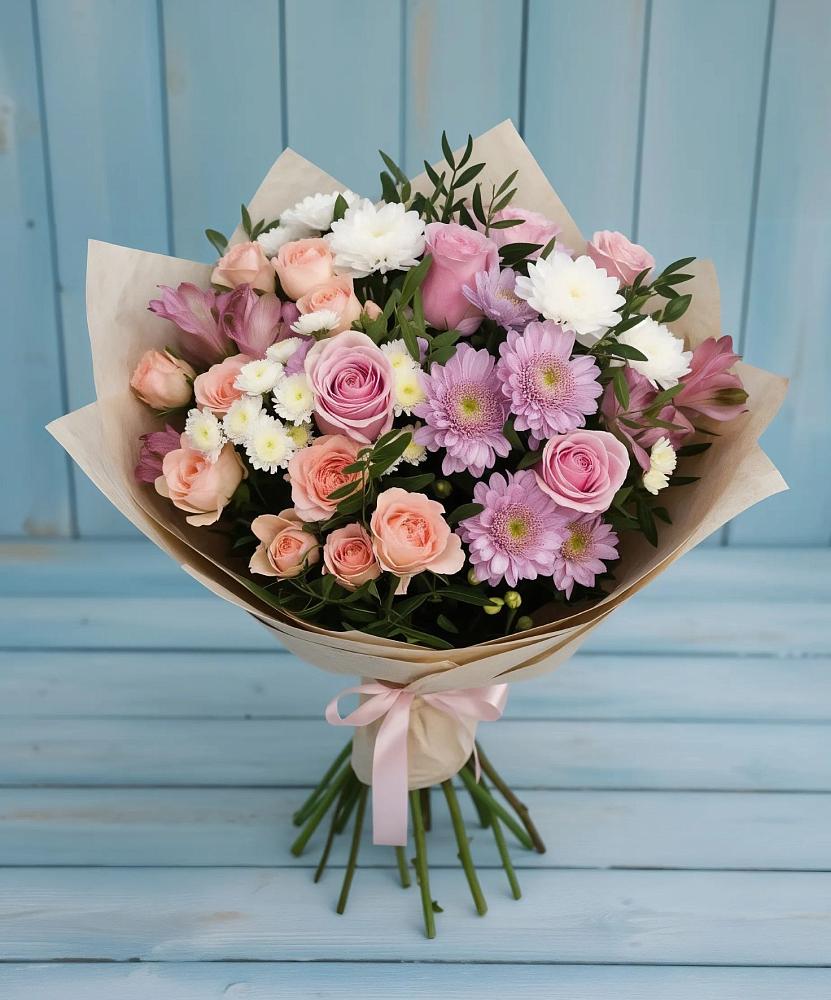 Букет цветов из: Хризантемы, Розы и Альстромерии в Первомайском Тульской области