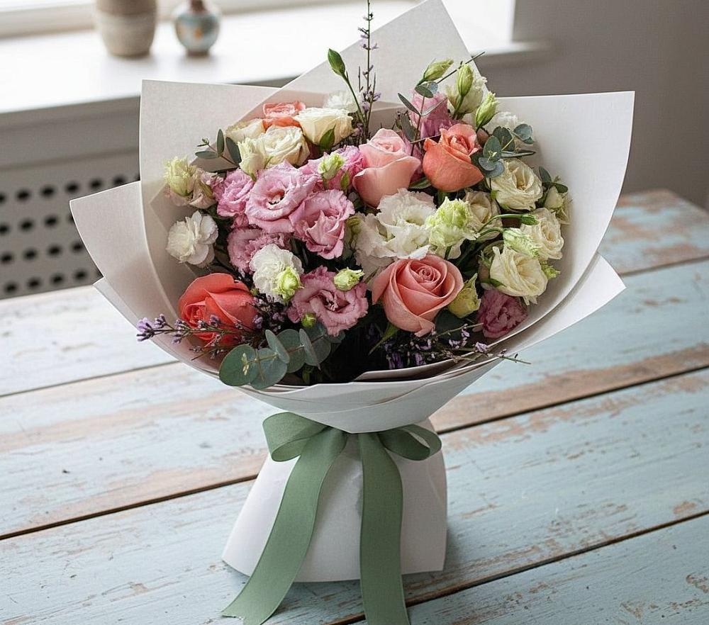 Букет цветов из: Розы, Лизиантусы и Гвоздики в Первомайском Тульской области