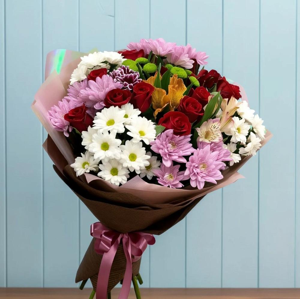 Букет цветов из: Розы, Хризантемы и Альстромерии в Первомайском Тульской области
