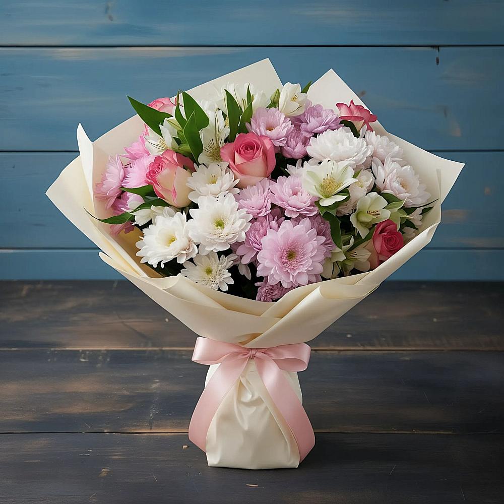 Букет цветов из: Хризантемы, Альстромерии и Розы в Первомайском Тульской области